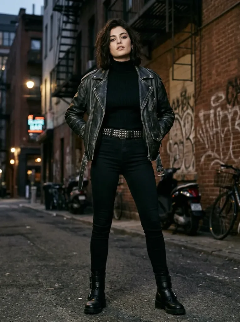10. Edgy Leather Jacket Belted Rock Style