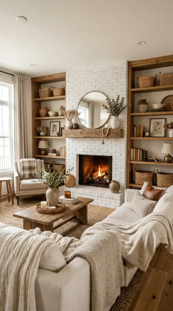 10. Farmhouse Living Room With Built-In Shelves