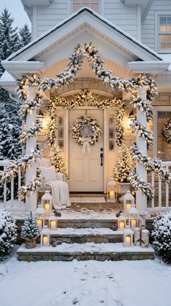 14. Elegant White Christmas Porch