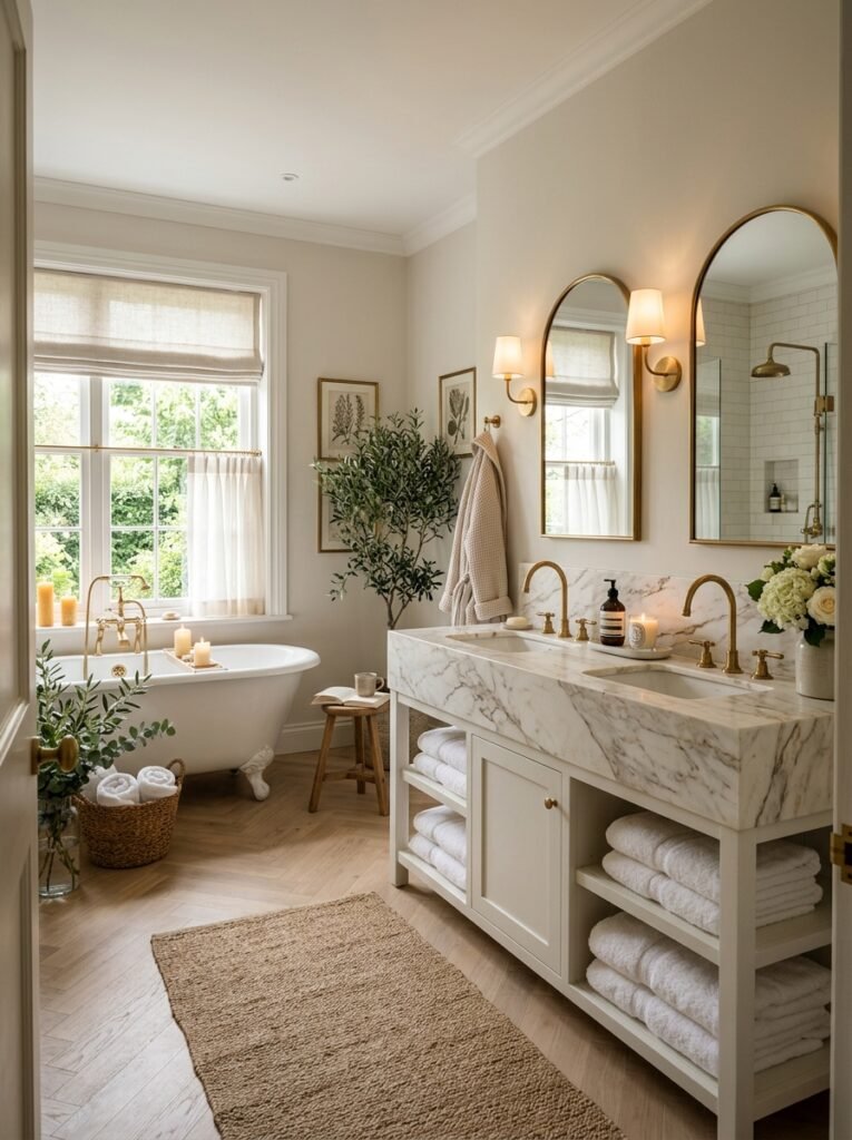 16. Timeless Bathroom Decor with Spa-Like Warmth