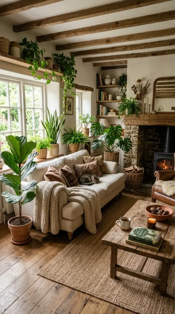 17. Rustic Greenery-Filled Living Room