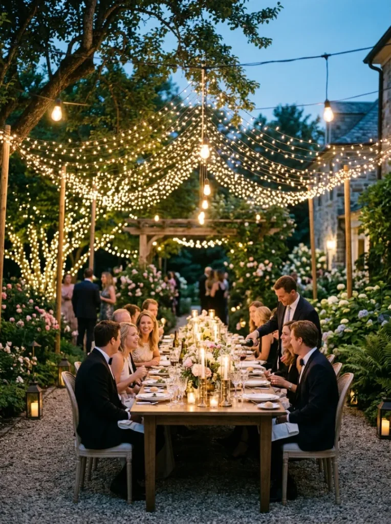 24. Garden Party Under Draped Lights