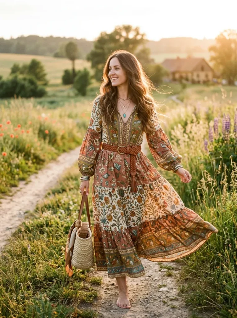 3 Boho Maxi Dress Waist-Cinched Flow