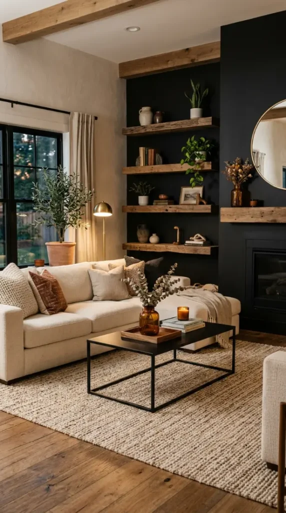 6. Modern Black & Wood Farmhouse Style