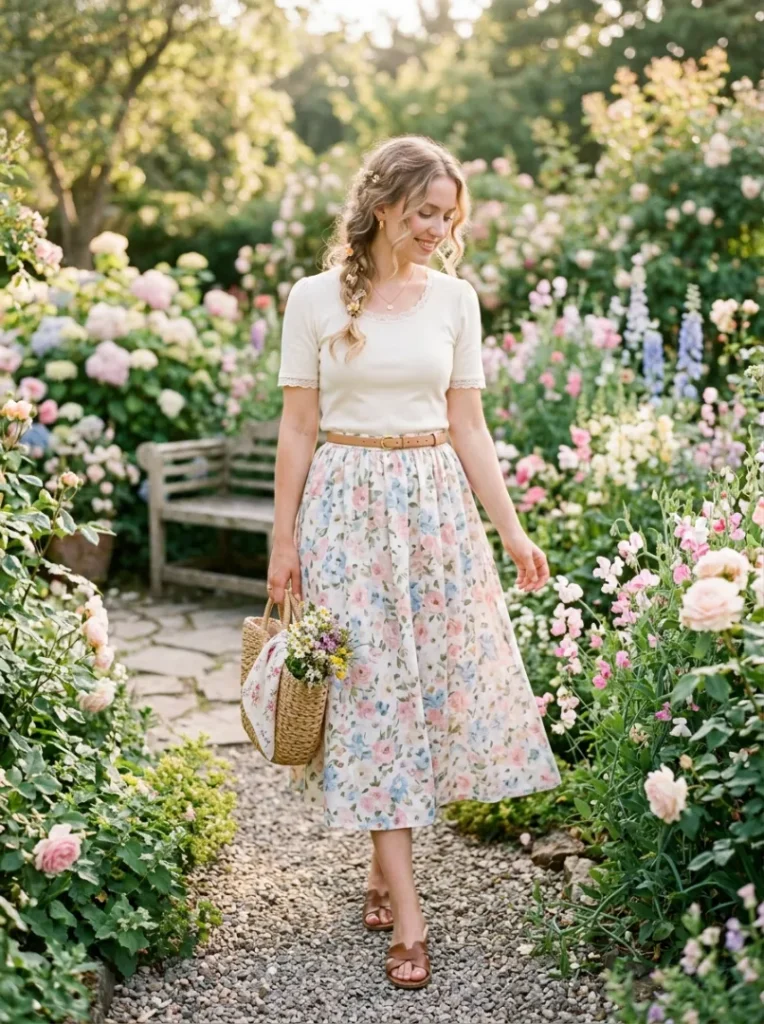 9. Romantic Floral Skirt Belt Accent Look