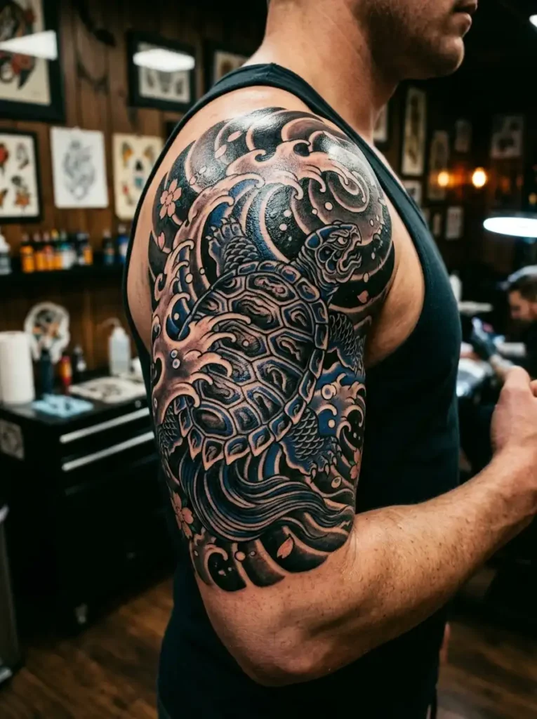 10: Japanese Wave Turtle Tattoo