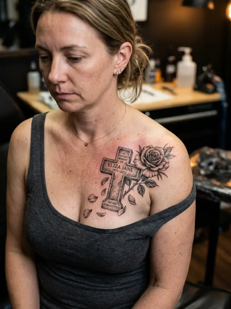 10: Memorial Cross Tattoo With Fallen Rose Petals