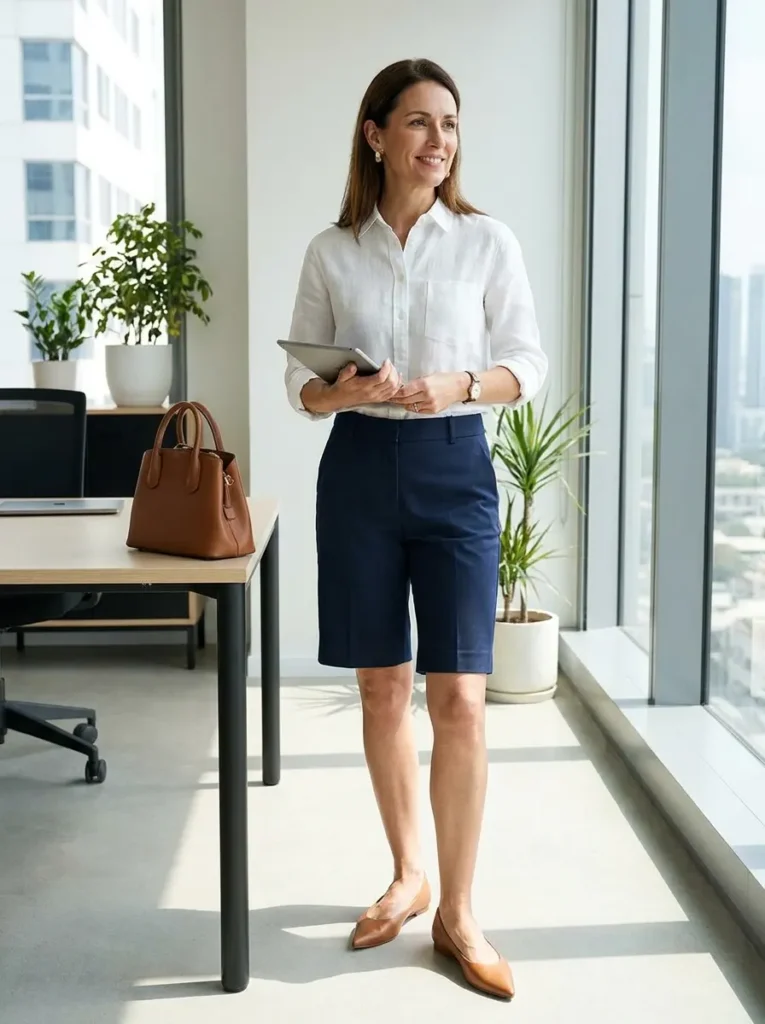 11. Elegant Linen Shirt and Tailored Bermuda Office Look