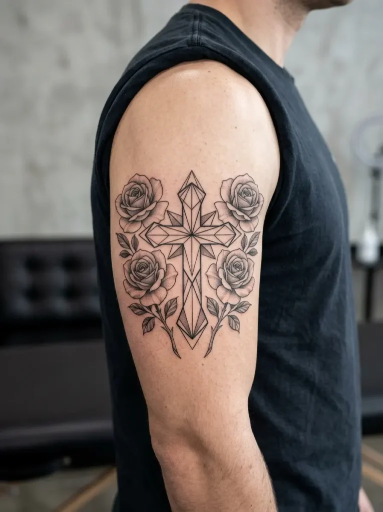 11: Geometric Cross With Symmetrical Rose Design