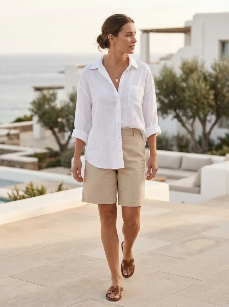 12. Oversized Shirt and Beige Bermuda Minimal Look