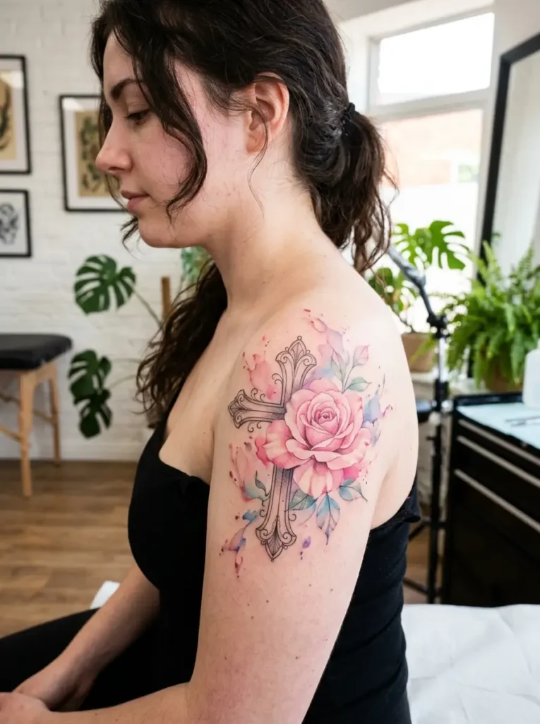 12: Watercolor Shoulder Cross With Pink Rose Bloom