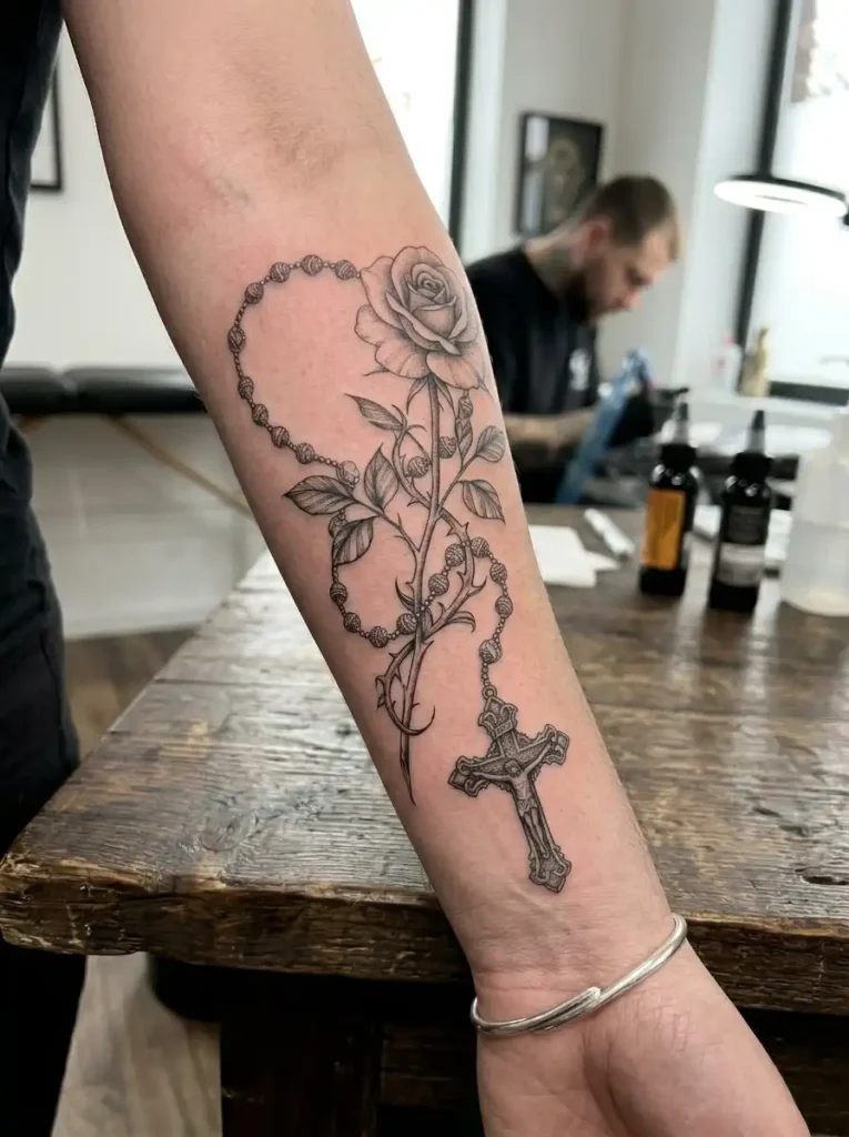 13: Rosary Cross With Wrapped Rose Stem Tattoo