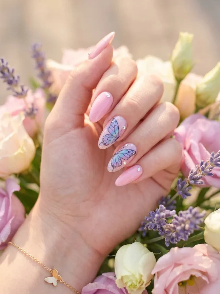 14. Delicate Butterfly Accent Nails