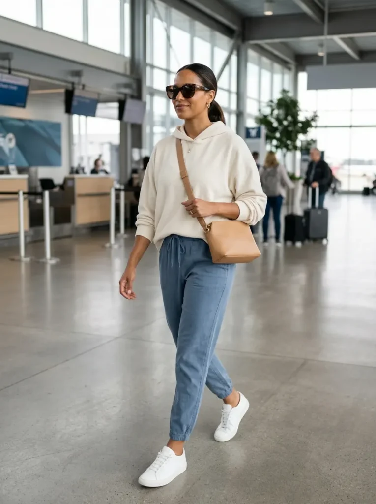 14. Effortless Airport Blue Pants Style