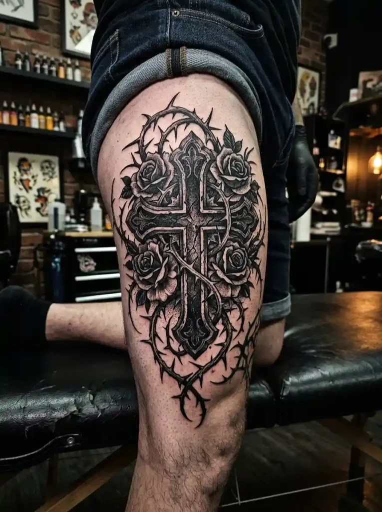 14: Blackwork Cross With Thorned Roses Tattoo