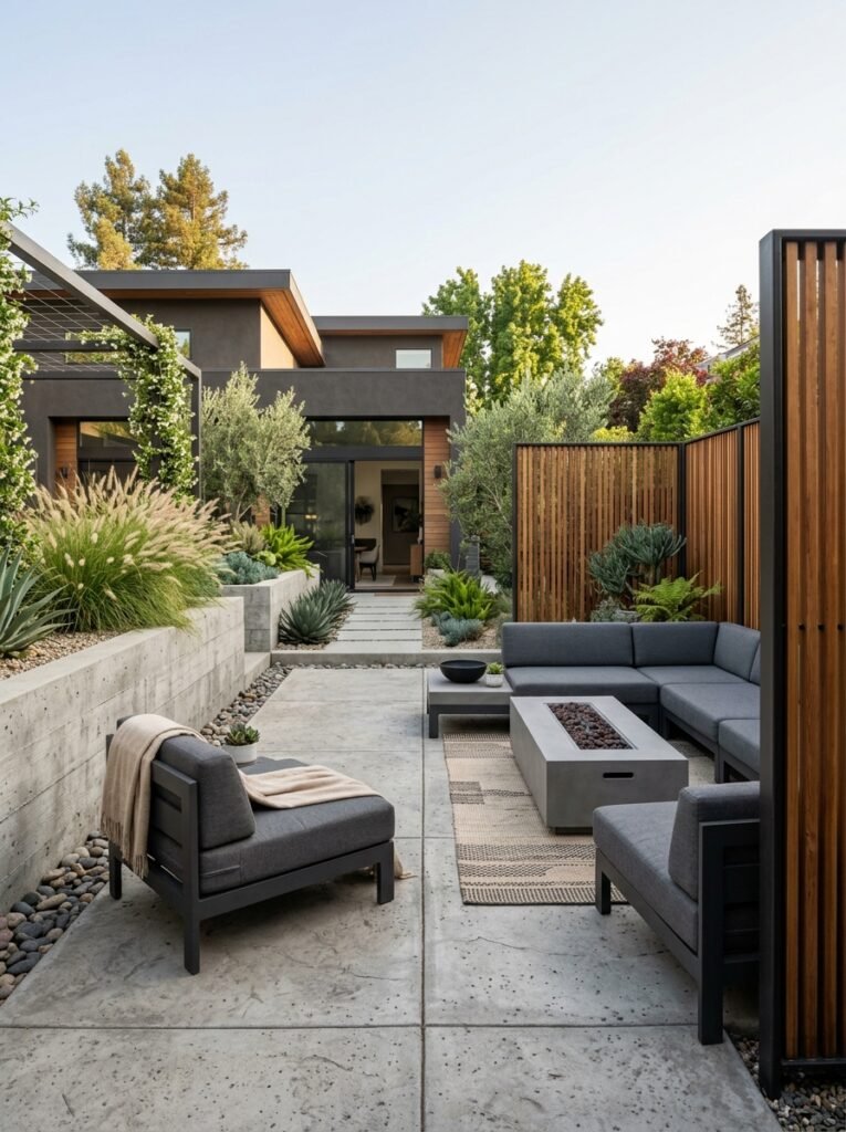 Idea 15: Concrete Patio Surrounded By Ornamental Grasses