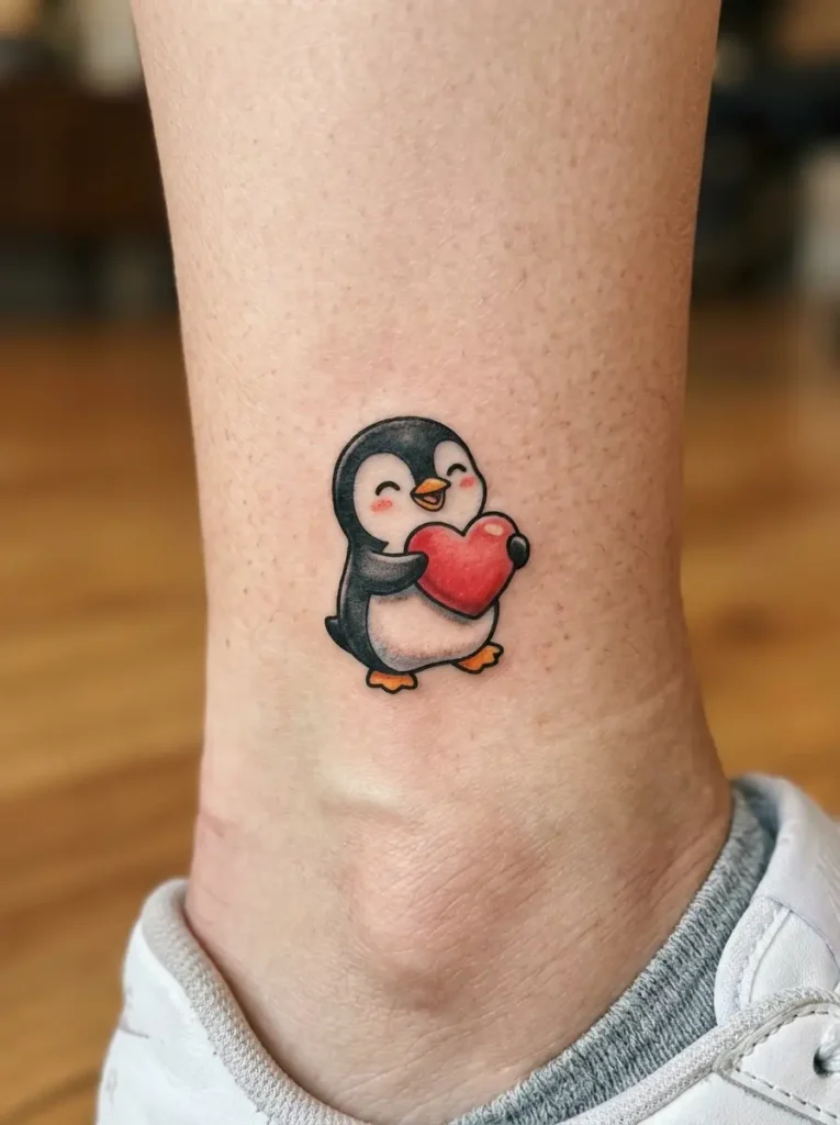 15. Cartoon Penguin Heart Tattoo