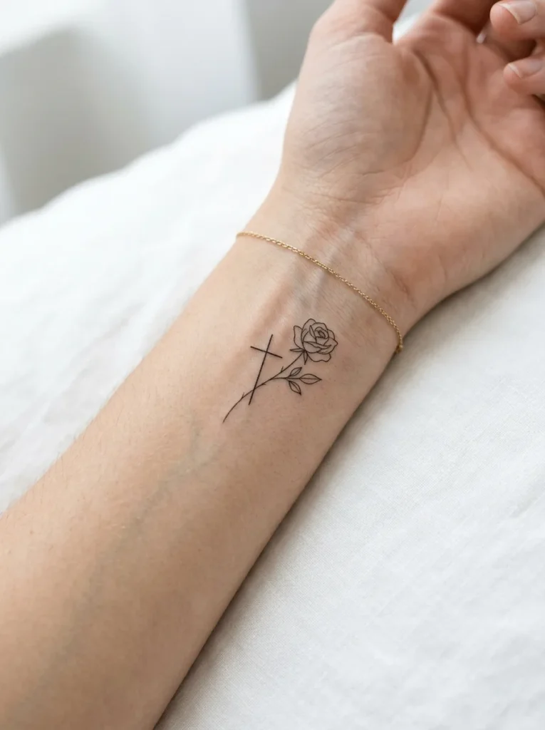 15: Tiny Wrist Cross With Delicate Rose Outline