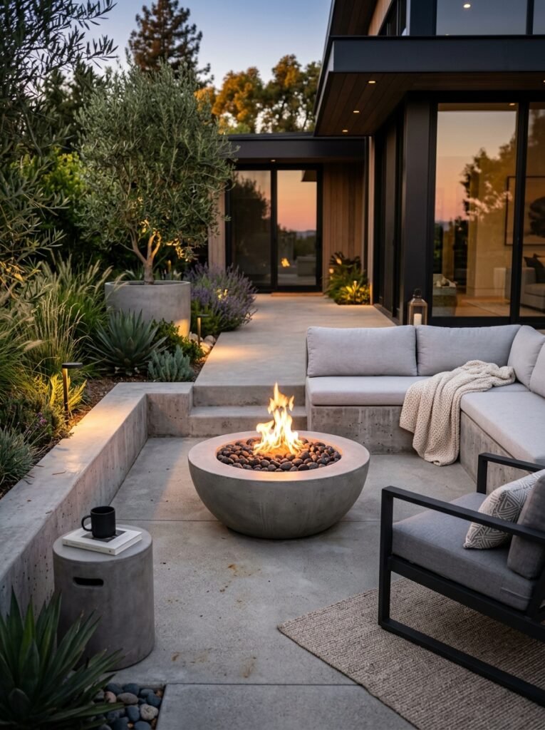 Idea 16: Concrete Patio With Modern Privacy Screens