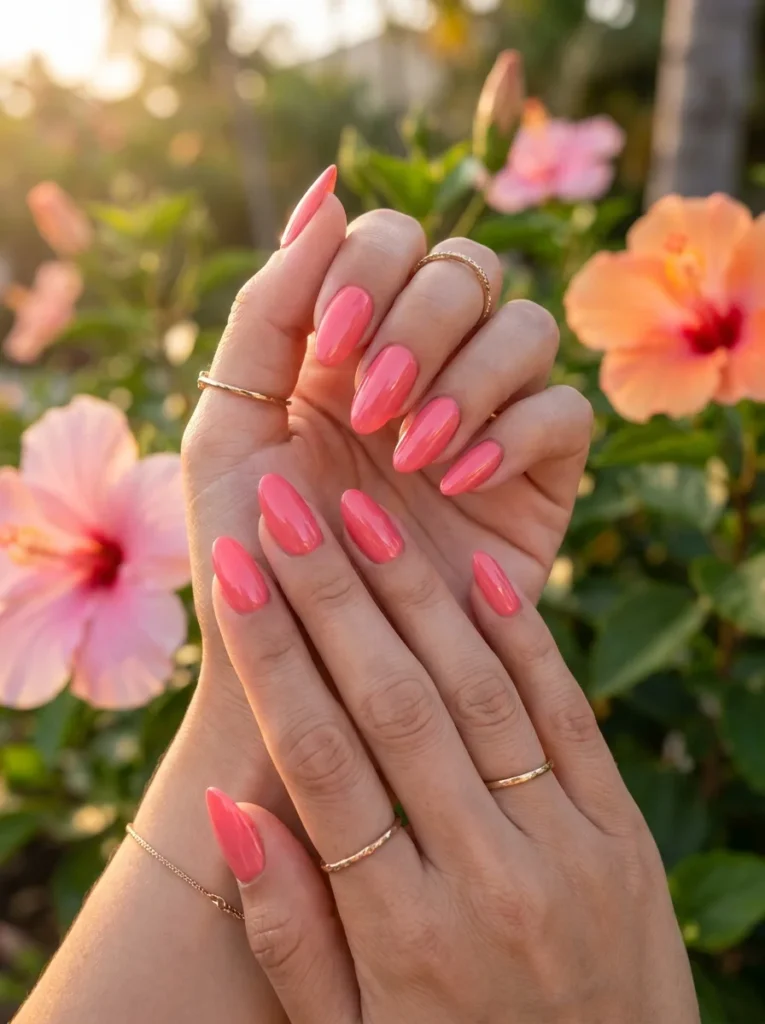 16. Coral Pink Glow Nails