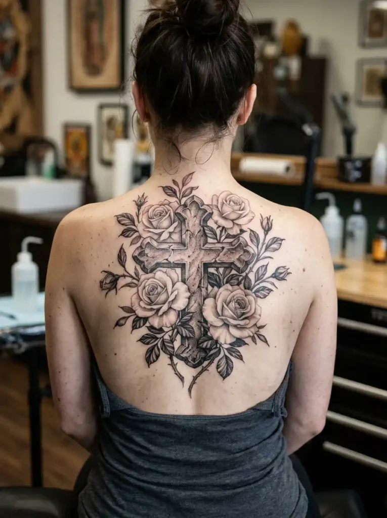 16: Realistic Stone Cross With White Roses Tattoo