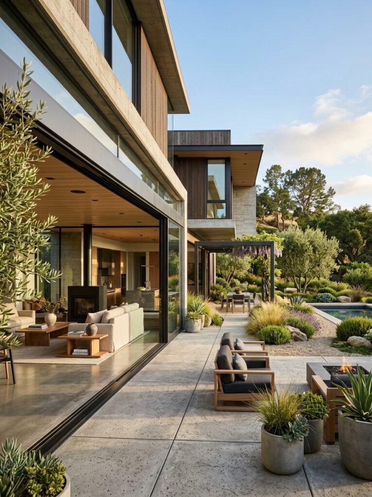 Idea 17: Minimalist Patio With Concrete Fire Bowl