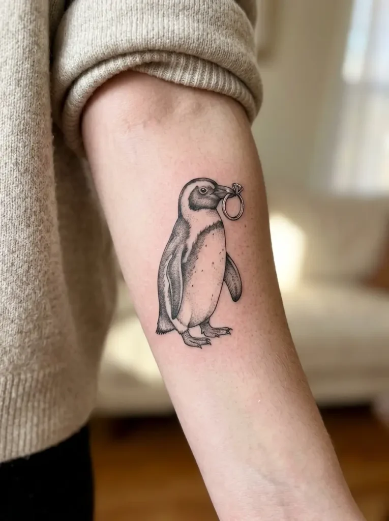 17. Penguin Holding Ring Tattoo