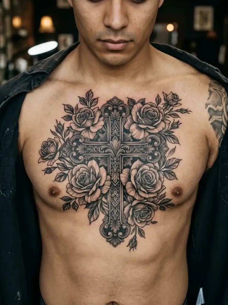 17: Ornamental Cross With Layered Rose Cluster