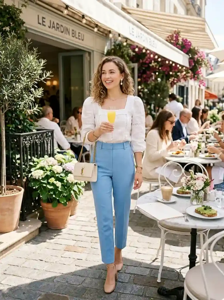18. Elegant Brunch Blue Pants Styling