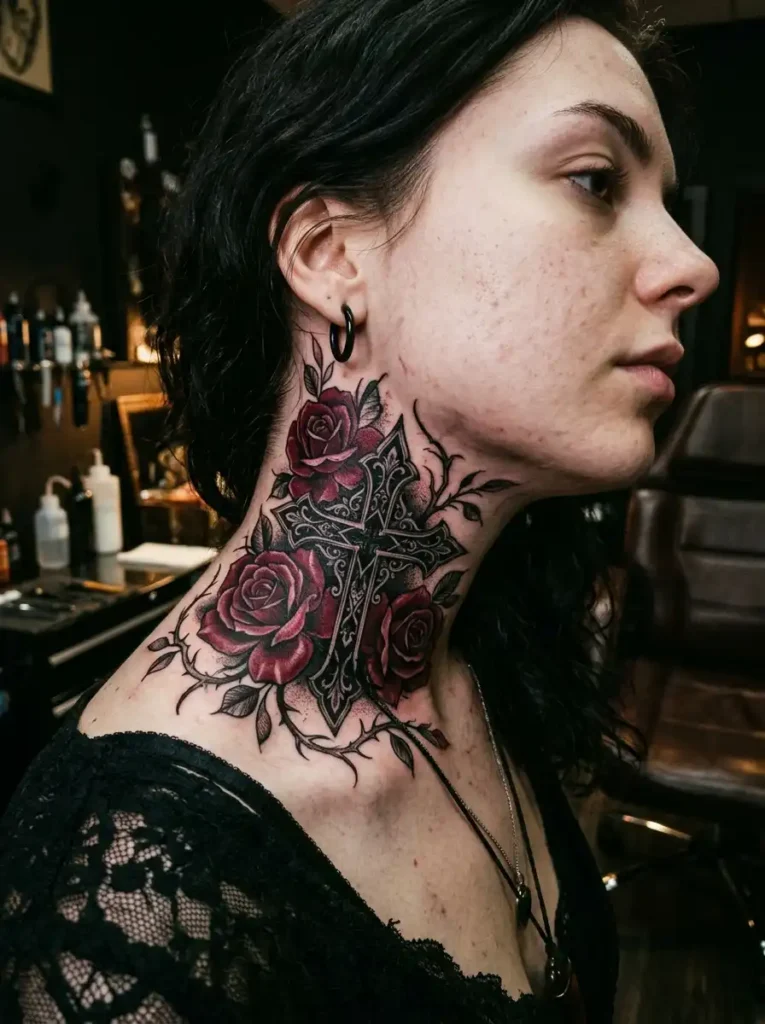 18: Gothic Neck Cross With Dark Crimson Roses
