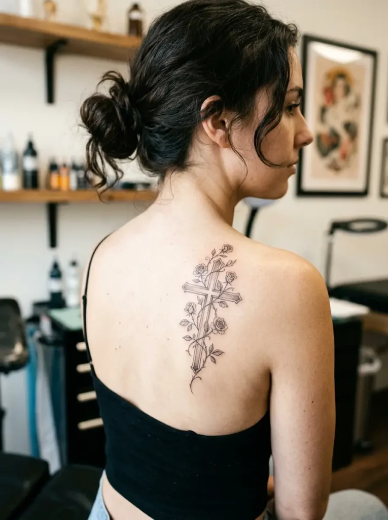 19: Fine Line Shoulder Blade Cross With Rose Garland