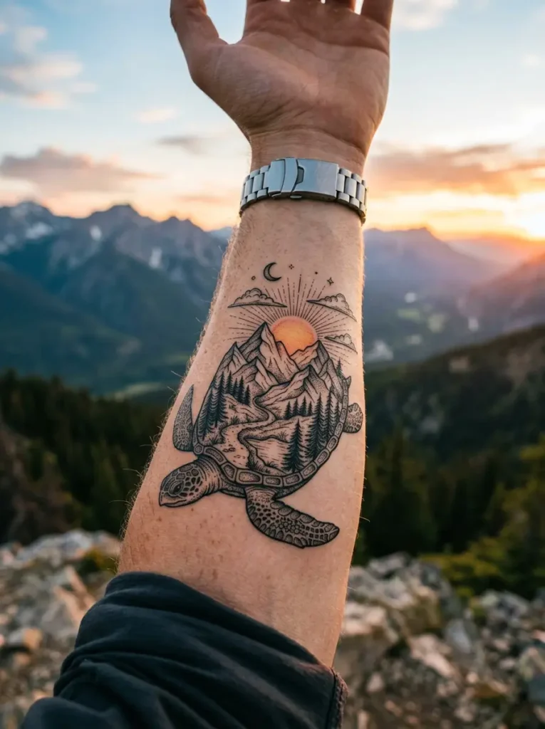 19: Mountain and Turtle Adventure Tattoo