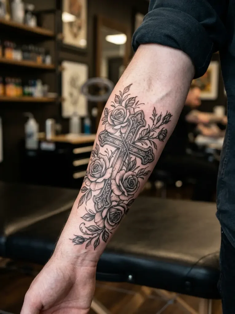 1: Classic Black Ink Cross With Blooming Roses