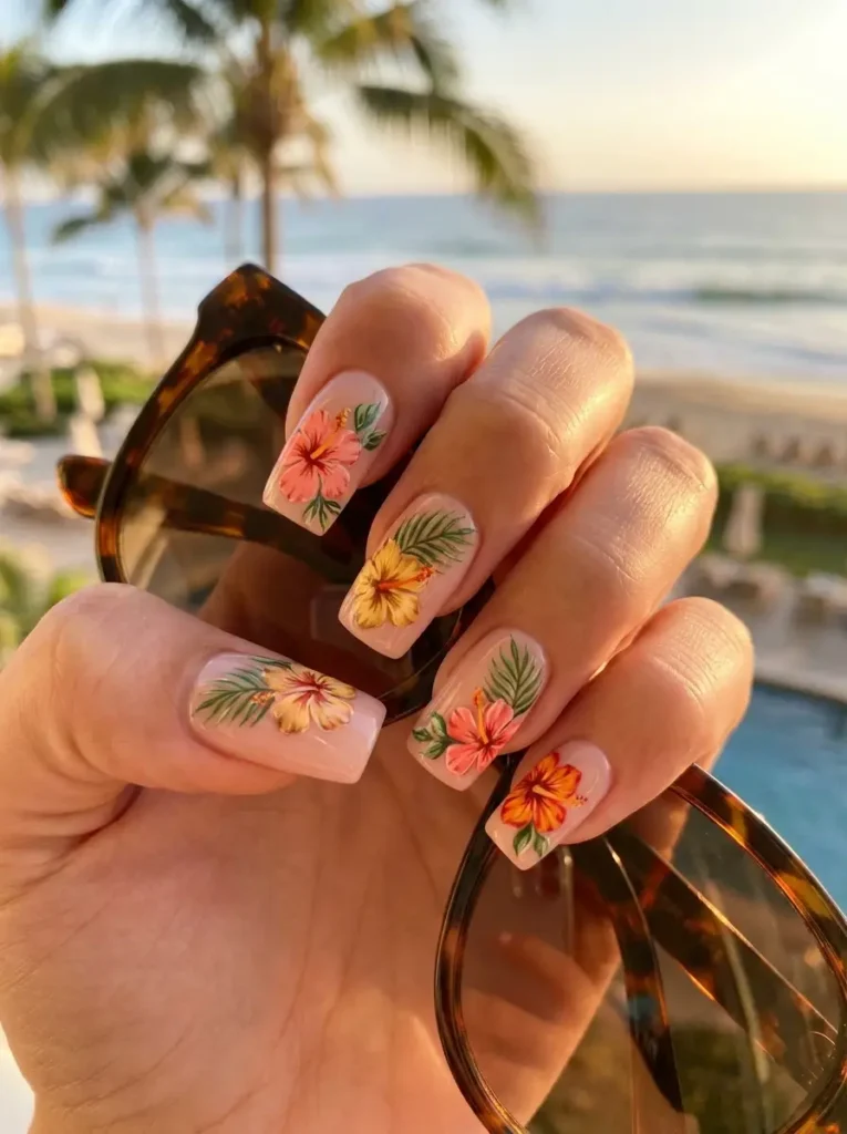 2. Tropical Hibiscus Flower Nails