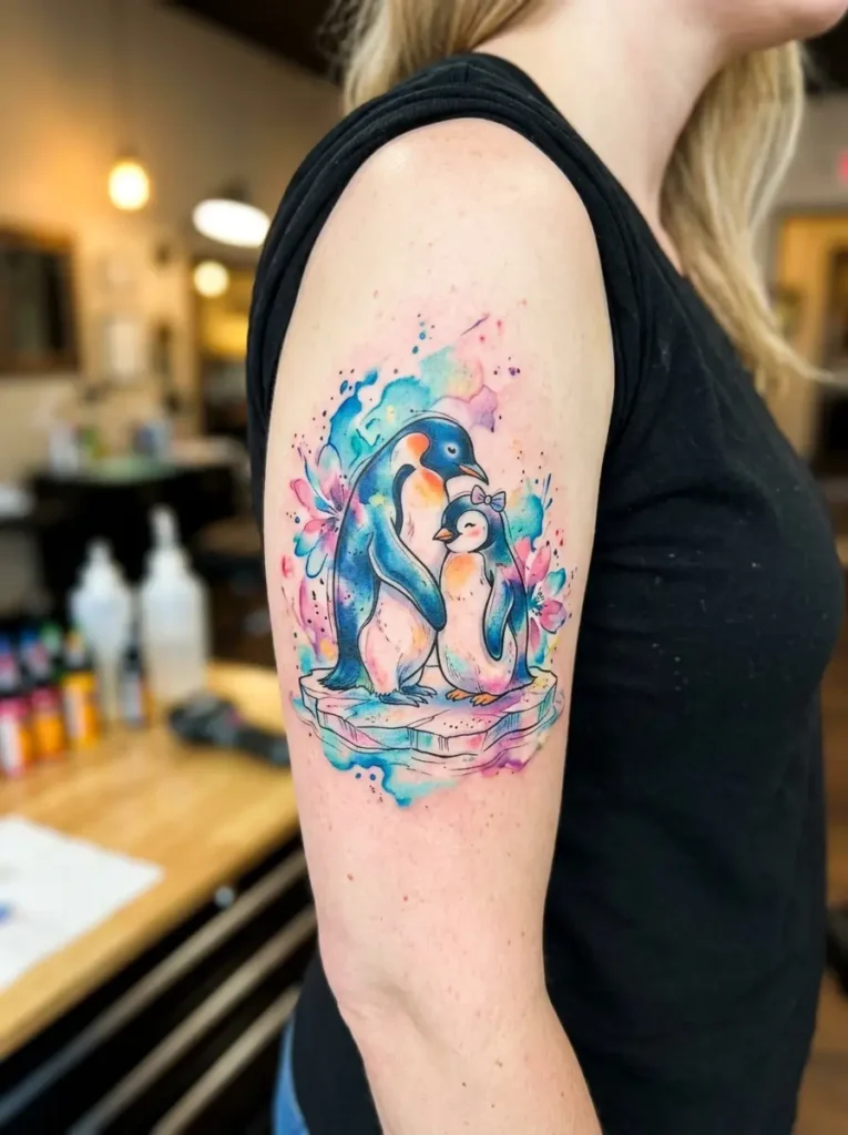 2. Watercolor Penguin Pair Tattoo