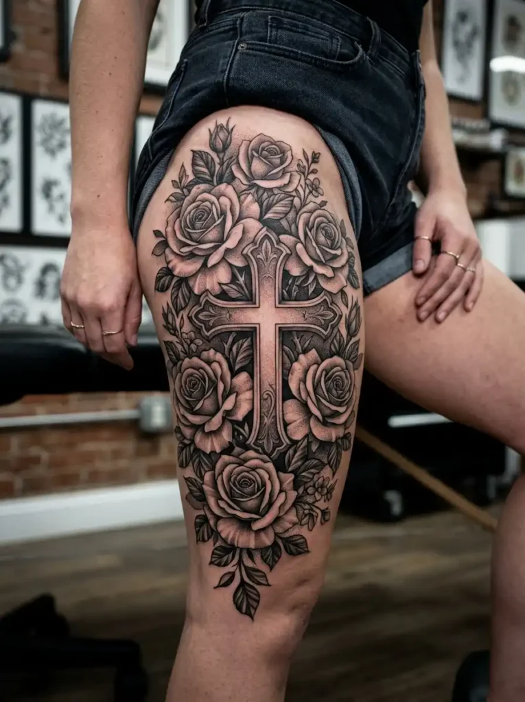20: Full Thigh Cross Tattoo With Blooming Rose Garden