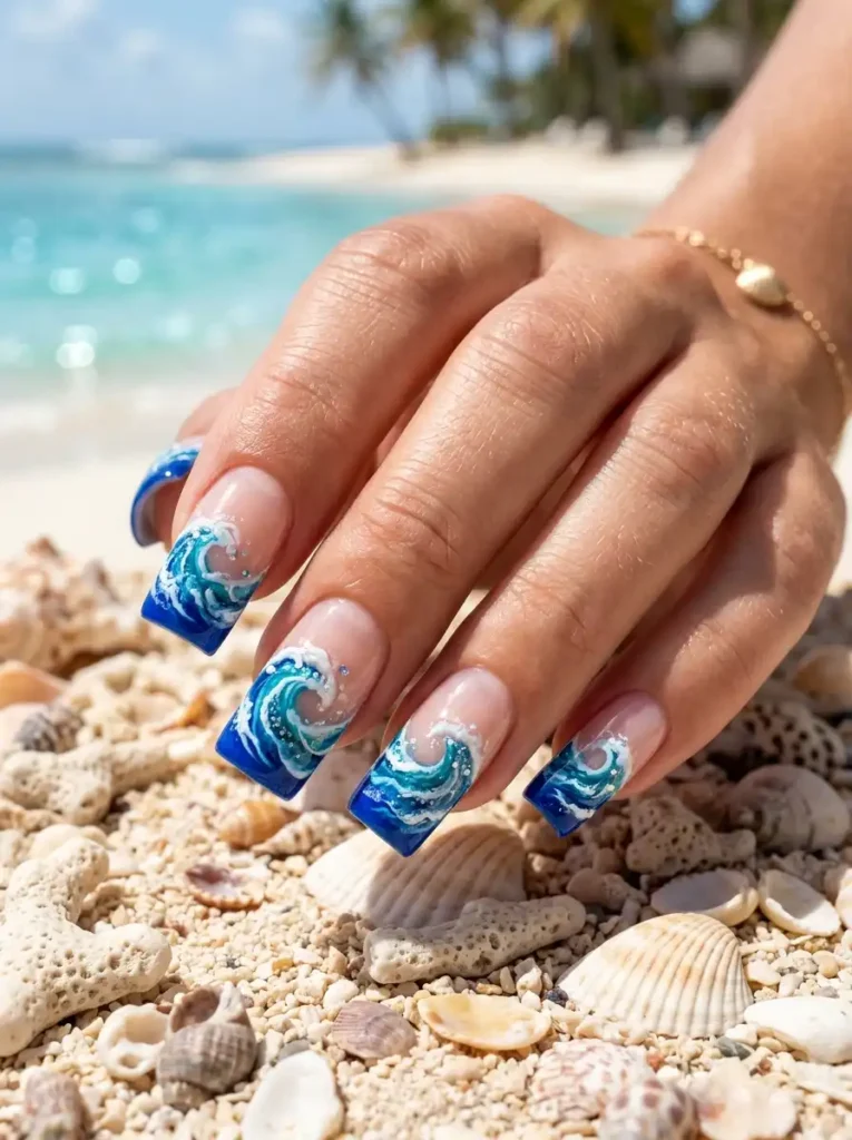2: Blue Ocean Wave French Tips