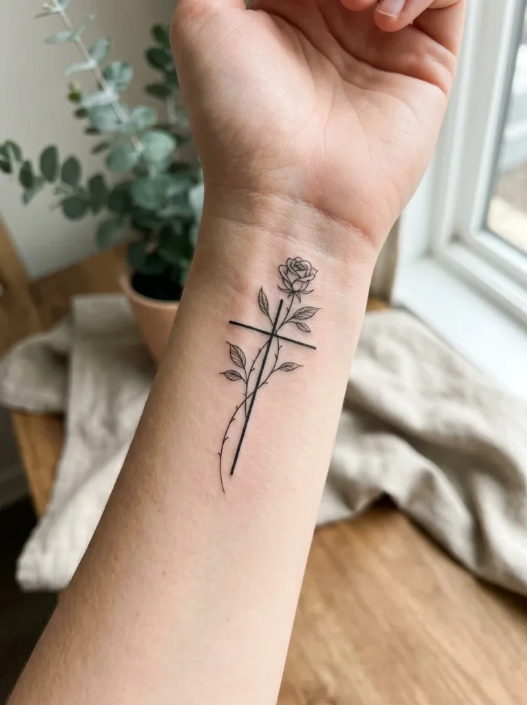 2: Minimalist Rose Wrapped Cross Tattoo