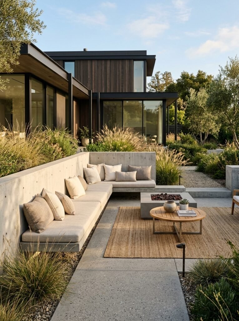 Idea 3: Concrete Patio With Built-In Bench Seating