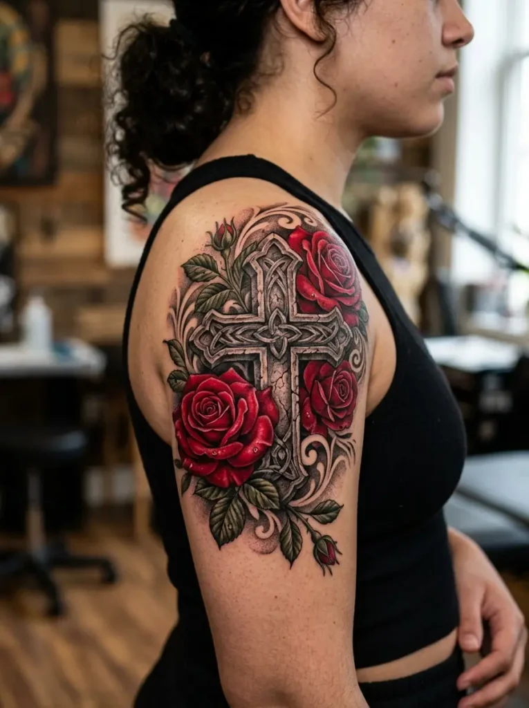3: Realistic Shaded Cross And Red Rose Design