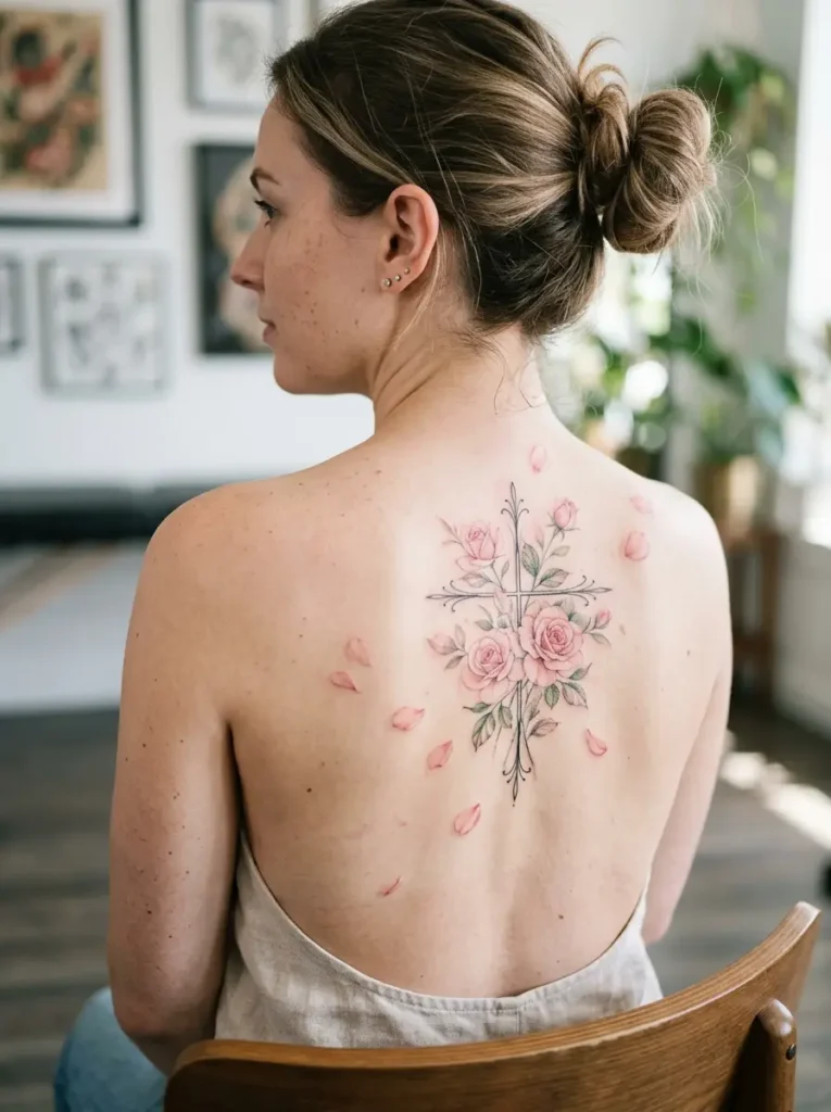 4: Elegant Feminine Cross Tattoo With Soft Rose Petals