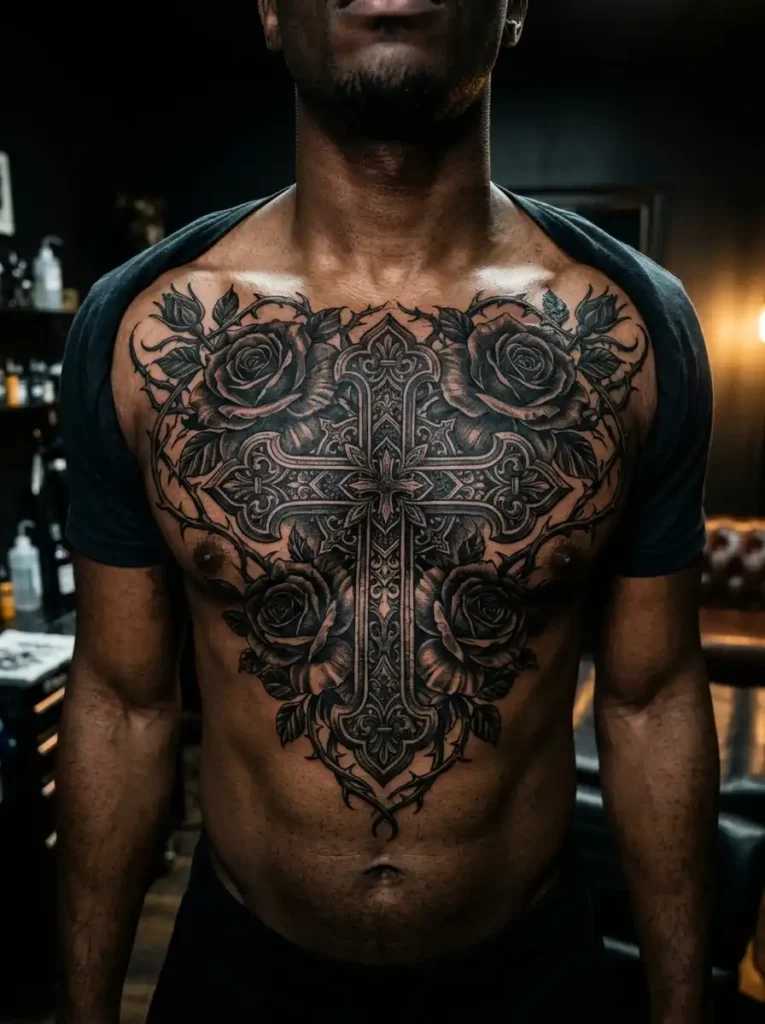 5: Gothic Cross With Dark Rose Tattoo Design