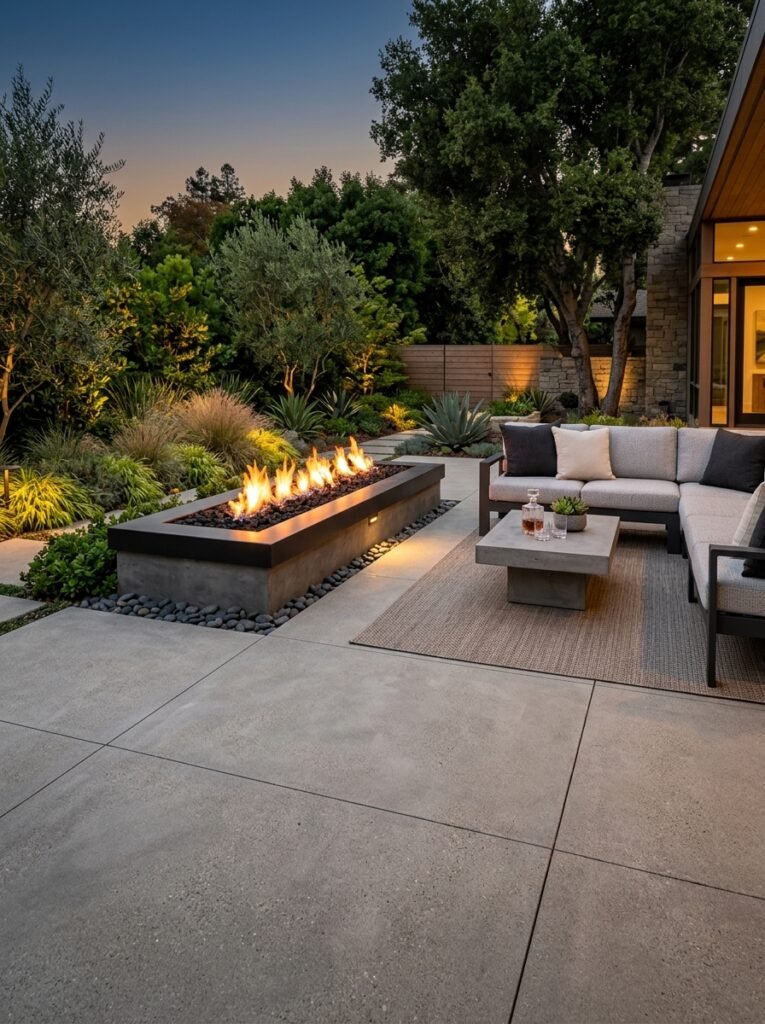 Idea 6: Concrete Patio With Linear Fire Feature