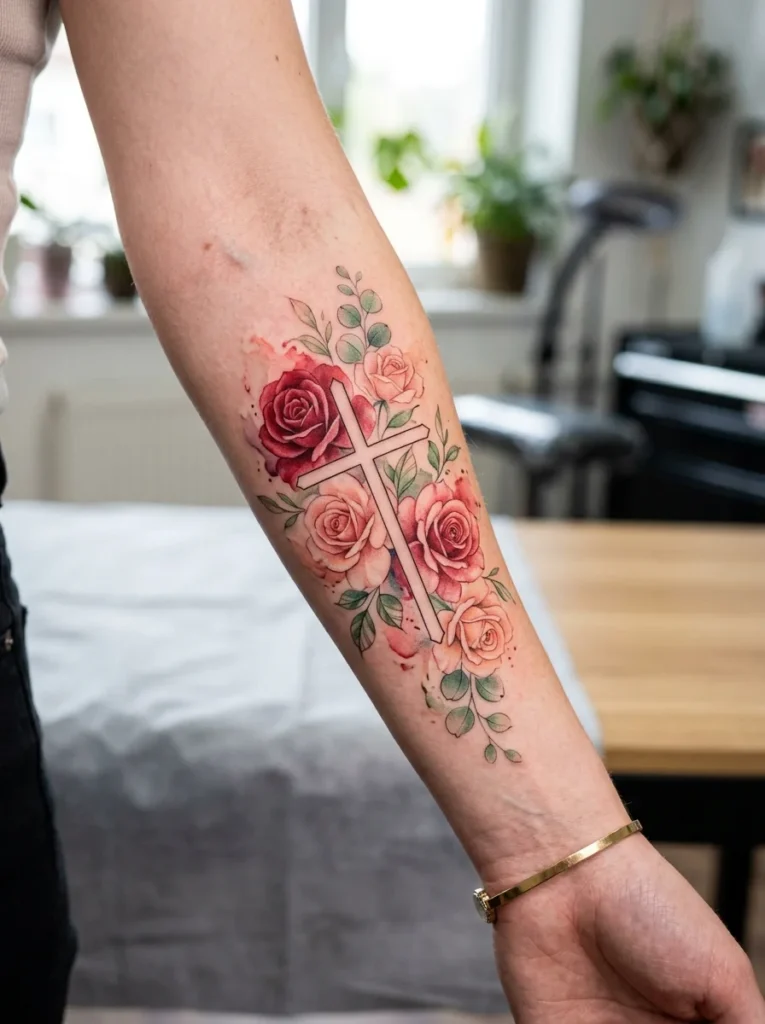 6: Watercolor Cross With Flowing Rose Bouquet