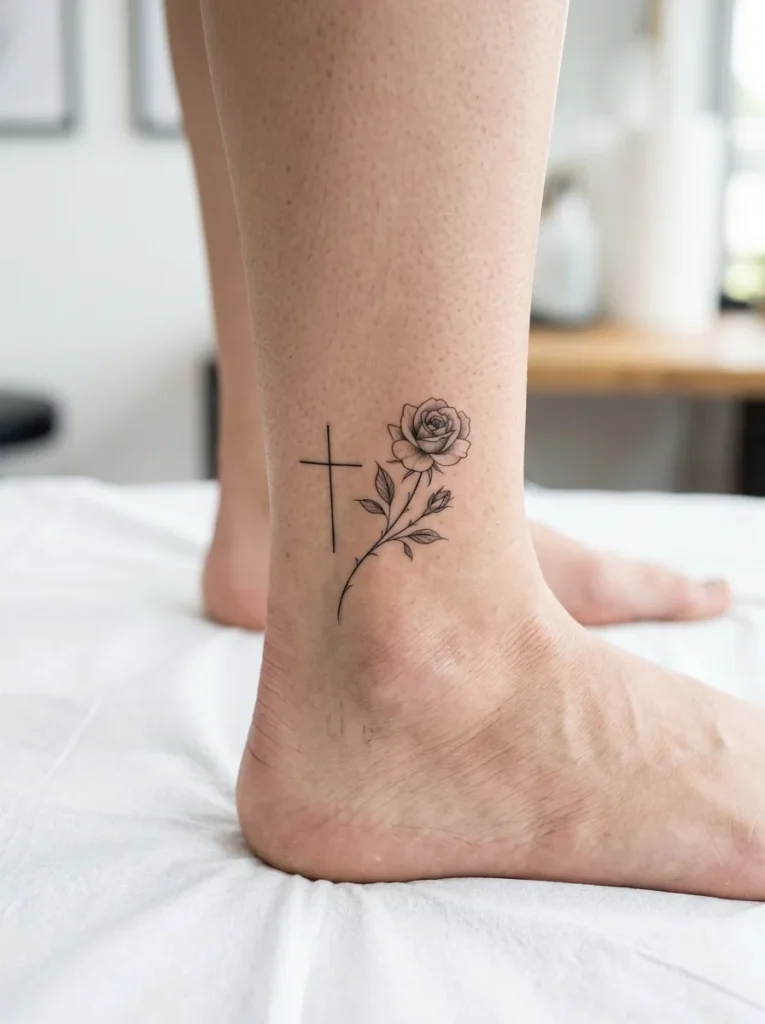 7: Small Ankle Cross With Single Rose Accent