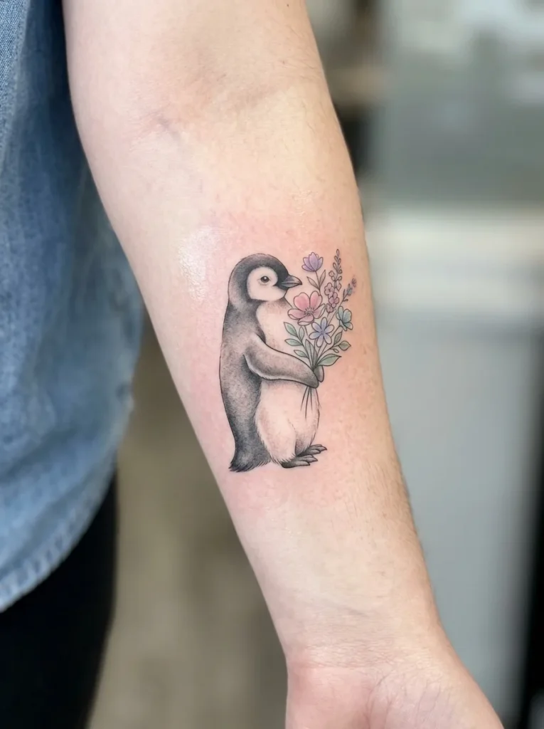 8. Penguin Holding Flower Tattoo