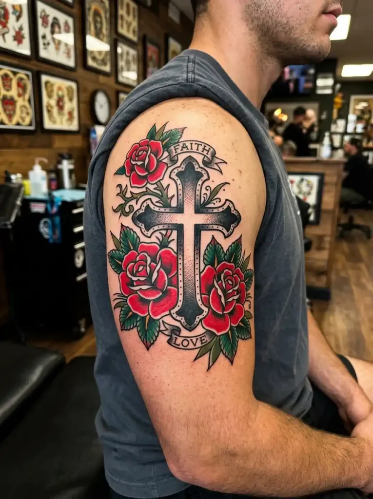 8: Traditional American Style Cross And Roses Tattoo