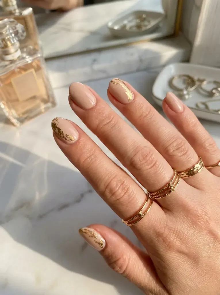 9. Nude Nails With Gold Accent Details