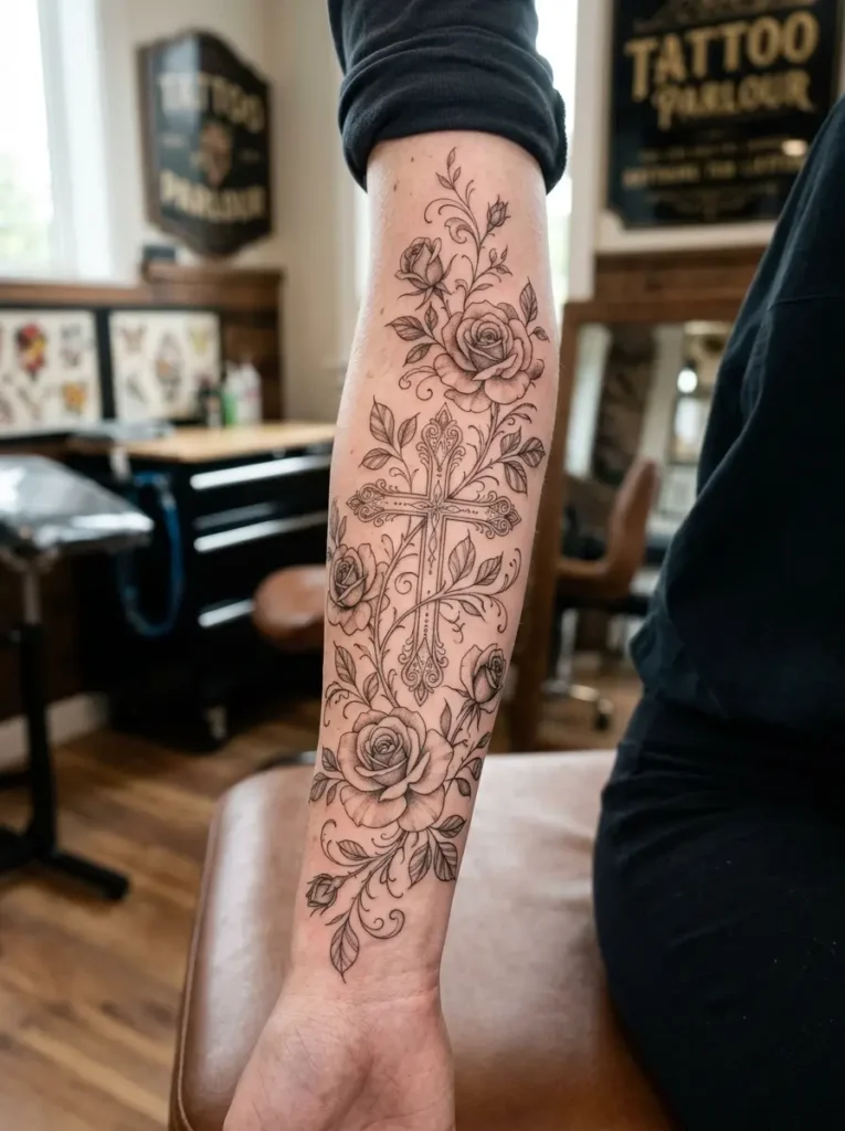 9: Fine Line Cross With Rose Vine Sleeve Design