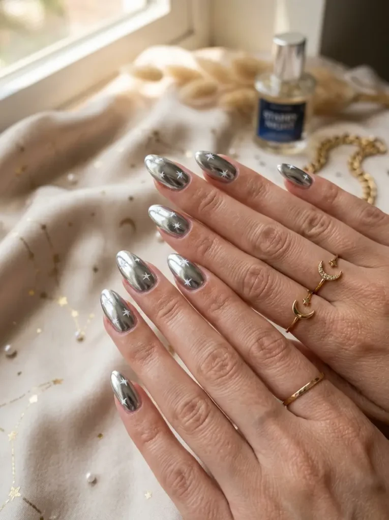 11: Metallic Silver Star Nails